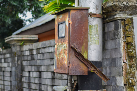 Old rusty gas box in the garden, Thailand. Selective focus.