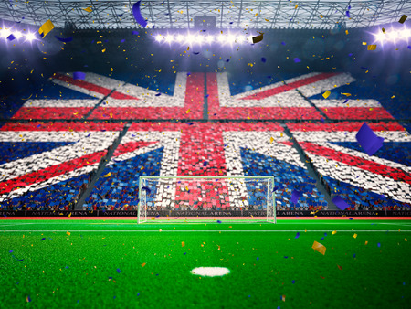 Flag  of fans.Evening stadium arena soccer field championship win. Confetti and tinsel Blue Toningの写真素材