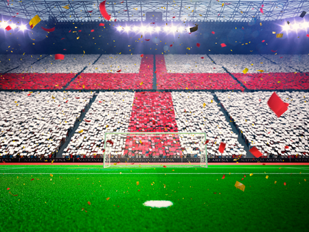 Flag  of fans.Evening stadium arena soccer field championship win. Confetti and tinsel Blue Toningの写真素材