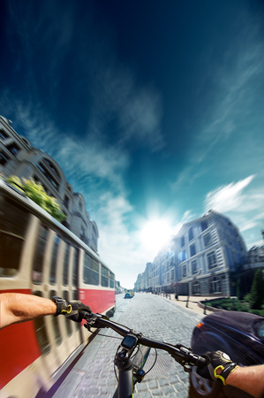 bicycle riding first face view blue toningの写真素材