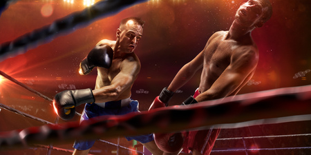 Boxer athlete in action. boxing ring. water drops and blood in face. Red tonningの写真素材