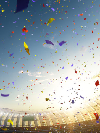 Stadium day Confetti and tinsel with people fans. 3d render illustration cloudy skyの写真素材
