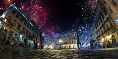 Celebration City background with Fireworks. Empty night plaza, old architecture. Festivalの写真素材