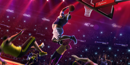 Fat Basketball non professional player in action, court and enemy 3d render colourの素材 [FY310110351606]