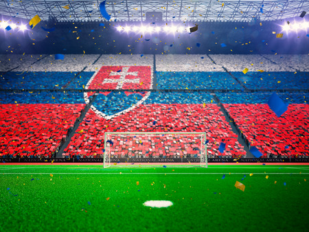 Flag  of fans.Evening stadium arena soccer field championship win. Confetti and tinsel Blue Toningの写真素材