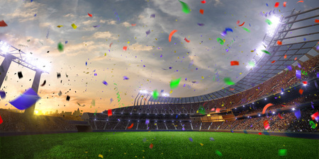 stadium sunset Confetti and tinsel with people fans. 3d render illustration cloudy skyの写真素材