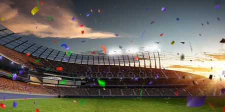 stadium sunset Confetti and tinsel with people fans. 3d render illustration cloudy skyの写真素材