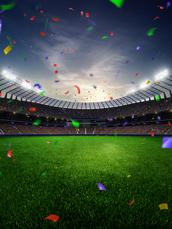 stadium sunset Confetti and tinsel with people fans. 3d render illustration cloudy skyの写真素材