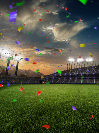 stadium sunset Confetti and tinsel with people fans. 3d render illustration cloudy skyの写真素材