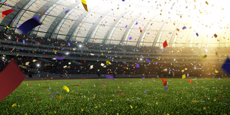 Stadium day Confetti and tinsel with people fans. 3d render illustrationの写真素材