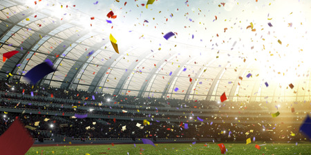 Stadium day Confetti and tinsel with people fans. 3d render illustrationの写真素材