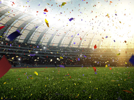 Stadium day Confetti and tinsel with people fans. 3d render illustrationの写真素材