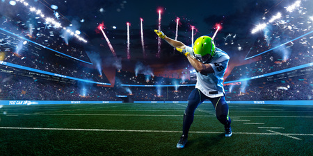 American football player celebrate tocuhdown on stadium. Sport wallpaper or advertisingの写真素材