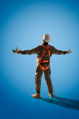 Happy engineer feel succerss after good work. Color backgroundの写真素材