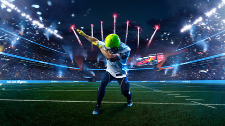 American football player celebrate tocuhdown on stadium. Sport wallpaper or advertisingの写真素材
