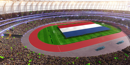 people hold Netherlands flag in stadium arena. field 3d photorealistic render illustrationの写真素材