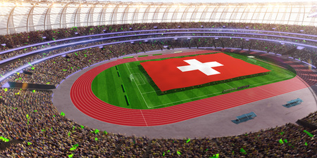 people hold Switzerland flag in stadium arena. field 3d photorealistic render illustrationの写真素材