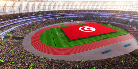people hold Tunisia flag in stadium arena. field 3d photorealistic render illustrationの写真素材