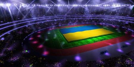 people hold Ukraine flag in stadium arena. field 3d photorealistic render illustrationの写真素材