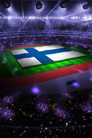 people hold Finland flag in stadium arena. field 3d photorealistic render illustrationの写真素材