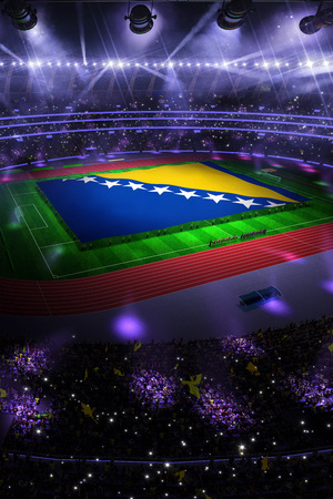 people hold Bosnia and herzegovina flag in stadium arena. field 3d photorealistic render illustrationの写真素材