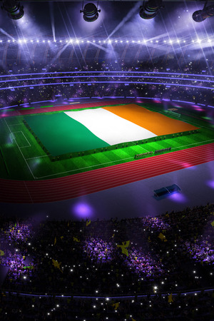 people hold Ireland flag in stadium arena. field 3d photorealistic render illustrationの写真素材
