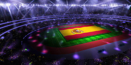 people hold Spain flag in stadium arena. field 3d photorealistic render illustrationの写真素材