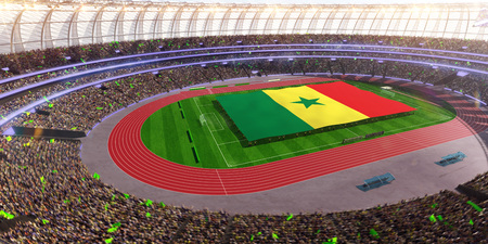 people hold Senegal flag in stadium arena. field 3d photorealistic render illustrationの写真素材