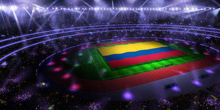 people hold Colombia flag in stadium arena. field 3d photorealistic render illustrationの写真素材