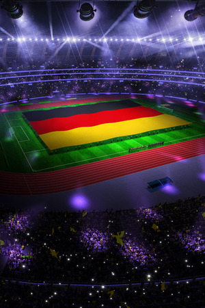people hold Germany flag in stadium arena. field 3d photorealistic render illustrationの写真素材