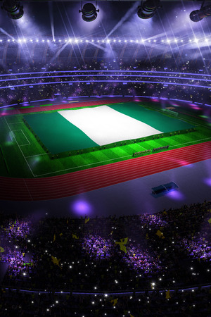 people hold Nigeria flag in stadium arena. field 3d photorealistic render illustrationの写真素材