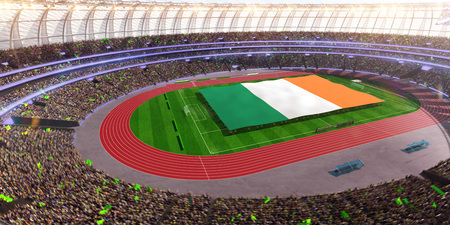 people hold Ireland flag in stadium arena. field 3d photorealistic render illustrationの写真素材