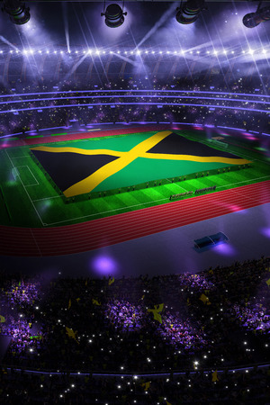 people hold Jamaica flag in stadium arena. field 3d photorealistic render illustrationの写真素材