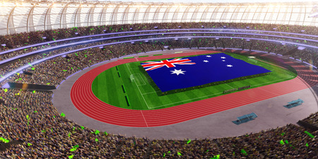 people hold Australia flag in stadium arena. field 3d photorealistic render illustrationの写真素材
