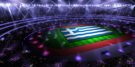 people hold Greece flag in stadium arena. field 3d photorealistic render illustrationの写真素材