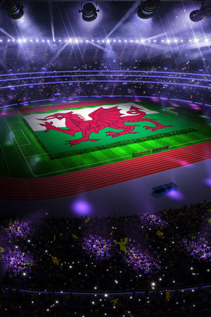 people hold Wales flag in stadium arena. field 3d photorealistic render illustrationの写真素材