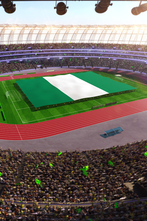 people hold Nigeria flag in stadium arena. field 3d photorealistic render illustrationの写真素材