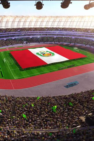 people hold Peru flag in stadium arena. field 3d photorealistic render illustrationの写真素材