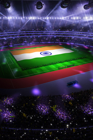 people hold India flag in stadium arena. field 3d photorealistic render illustrationの写真素材