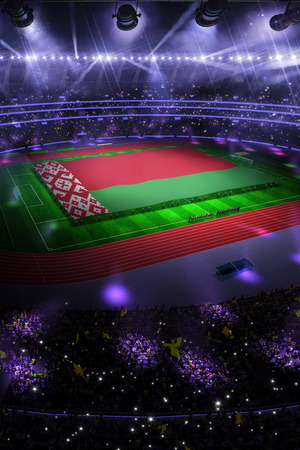 people hold Belarus flag in stadium arena. field 3d photorealistic render illustrationの写真素材