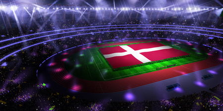 people hold Denmark flag in stadium arena. field 3d photorealistic render illustrationの写真素材