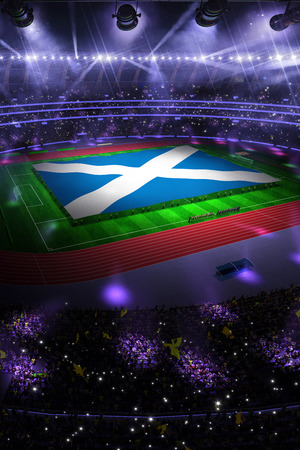 people hold Scotland flag in stadium arena. field 3d photorealistic render illustrationの写真素材