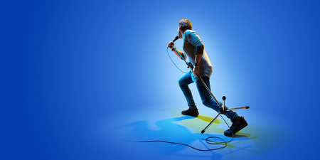 Rock star celebrity blue background isolatedの写真素材