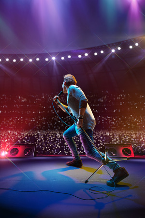 Rock star celebrity on the main stage big music festival. Aroun full stadium of spectators. fans are holding flashlightsの写真素材
