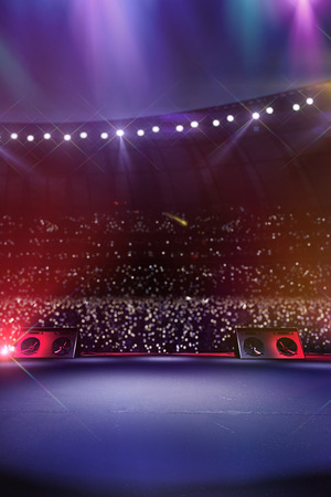 Empty main stage big music festival. Aroun full stadium of spectators. fans are holding flashlightsの写真素材