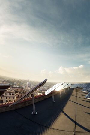 Solar panel in the roof. around big city and great backgroundの写真素材