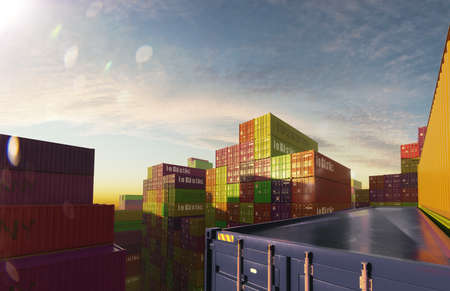 shipping containers at sunny day 3D illustrationの写真素材