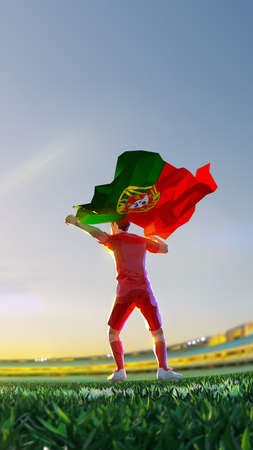 Soccer player after winner game championship hold flag of Portugal. polygon style 3d render illustrationの写真素材