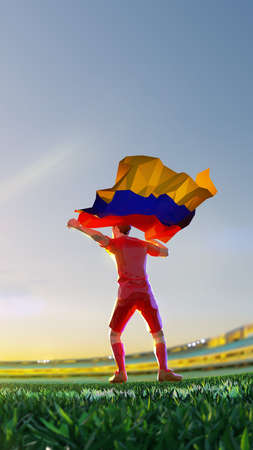 Soccer player after winner game championship hold flag of Armenia. polygon style 3d render illustrationの写真素材