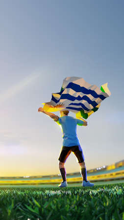 Soccer player after winner game championship hold flag of Uruguay . polygon style 3d render illustrationの写真素材